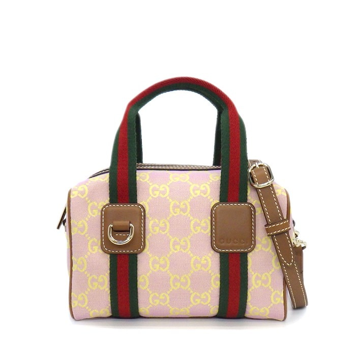 グッチ GUCCI ハンドバッグ ミニ ボストンバッグ 856055 AAFYS 5141 ピンク ブラウン GGキャンバス レザー ゴールド金具 【中古】