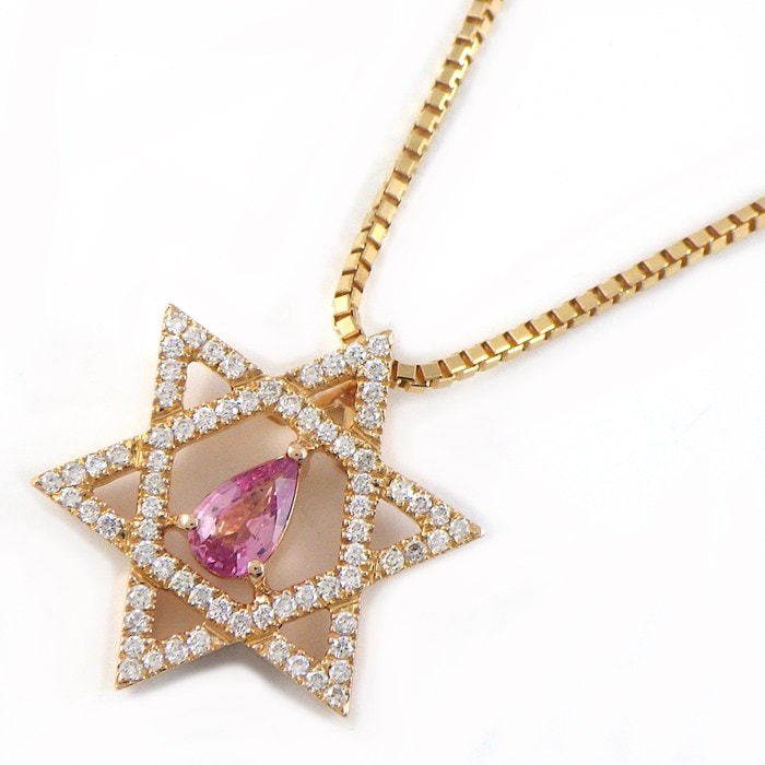 【ピンクサファイア ダイヤモンド】 ネックレス ヘキサゴンモチーフ ペアシェイプカット ピンクサファイア 計0.3ct ダイヤモンド 計0.23ct K18PG 【中古】
