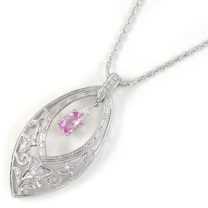 【オーバルピンクサファイア ダイヤモンド】 ネックレス 1ポイント オーバル ピンク サファイア 0.62ct ダイヤモンド 計0.20ct K18WG 【中古】