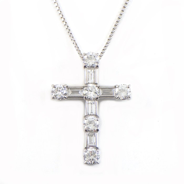 【ダイヤモンド】 ネックレス ラウンドブリリアントカット バゲットカット ダイヤモンド 計1ct K18WG 【中古】