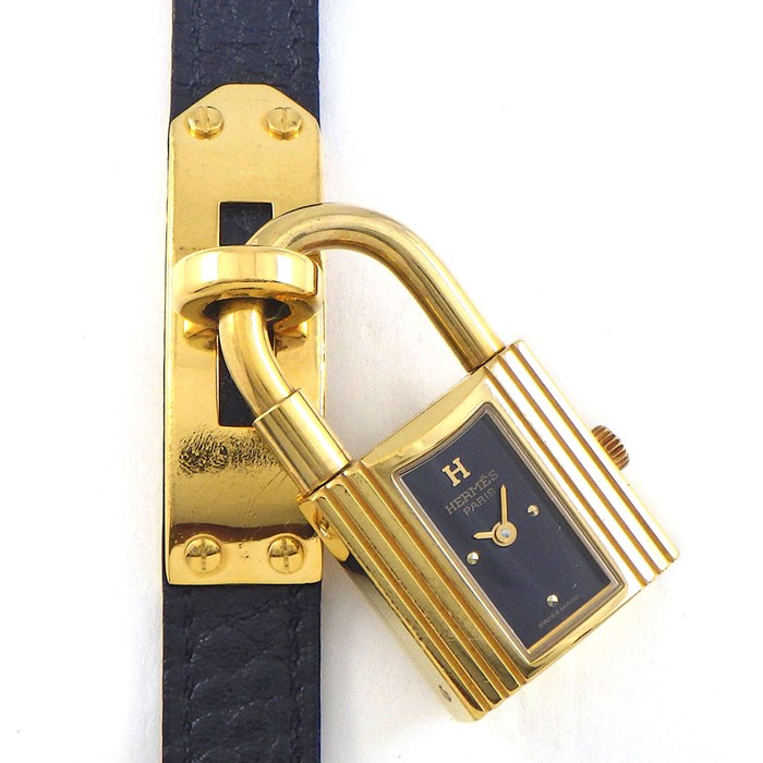 エルメス HERMES 腕時計 ケリーウォッチ KE1.201 〇W刻印 1993年 カデナ ロックモチーフ ブラック文字盤 GP ブラック レザーベルト クオーツアナログ 【中古】