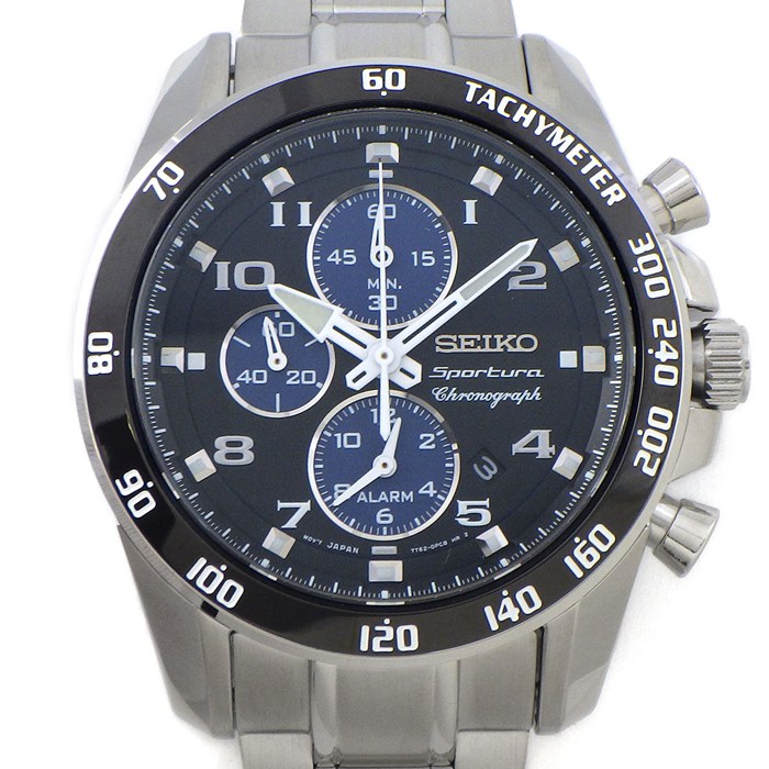 セイコー SEIKO 腕時計 スポーチュラ アラーム クロノグラフ SNAE63P1/7T62-0KF0 デイト タキメーター スモールセコンド 夜光インデックス 夜光針 ブラック/ブルー文字盤 SS クオーツアナログ