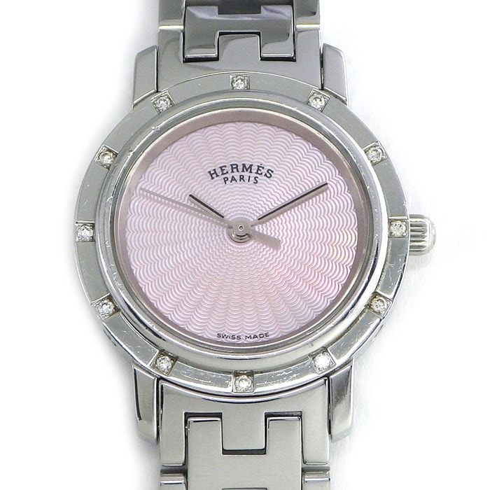 エルメス HERMES 腕時計 クリッパー ナクレ CL4.230 12ポイント ダイヤベゼル ピンクシェル ギョーシェ文字盤 SS クオーツアナログ 【中古】