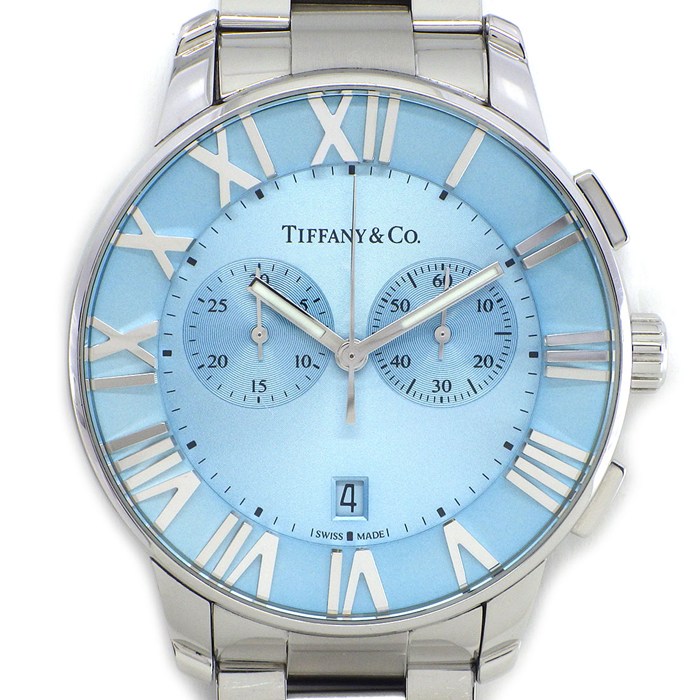 ティファニー Tiffany & Co. 腕時計 アトラスドーム 60656568 ブルー ギョーシェ文字盤 ローマンインデックス デイト クロノグラフ スモールセコンド SS クオーツアナログ 【中古】