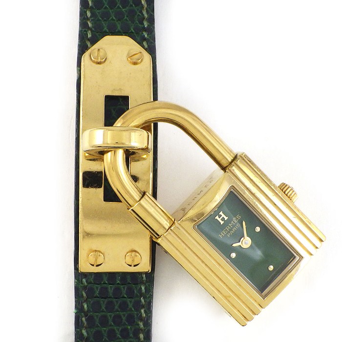 エルメス HERMES 腕時計 ケリーウォッチ KE1.201 カデナ ロックモチーフ グリーン文字盤 リザードレザーベルト GP クオーツアナログ 【中古】