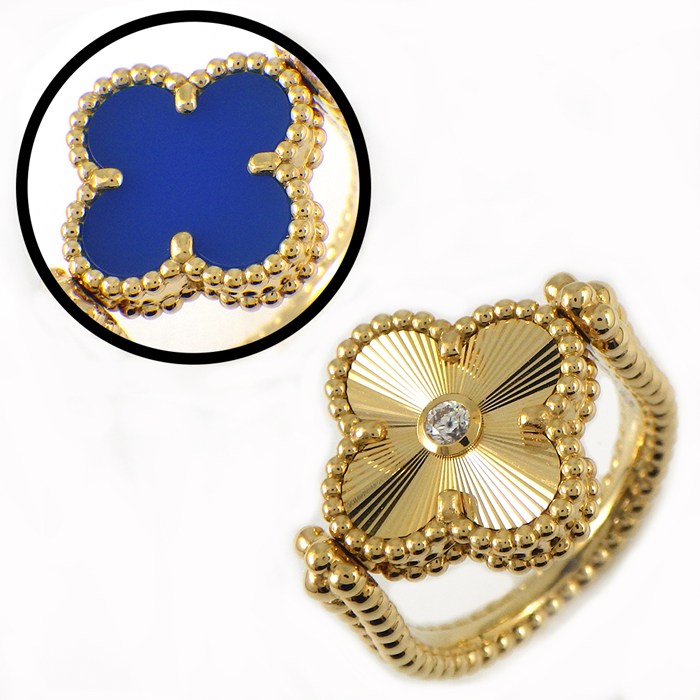 ヴァンクリーフ＆アーペル Van Cleef & Arpels リング ヴィンテージアルハンブラ リバーシブル ギヨーシェ VCARPGV152 ブルーアゲート 1ポイント ダイヤモンド K18YG 11号 / #52 【中古】