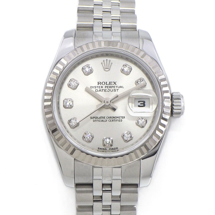 ロレックス Rolex 腕時計 デイトジャスト 179174G 10ポイント ダイヤインデックス サンレイ シルバー文字盤 フルーテッドベゼル ジュビリーブレス K18WG SS 自動巻き 【OH済み】 【箱・保付き】 【中古】