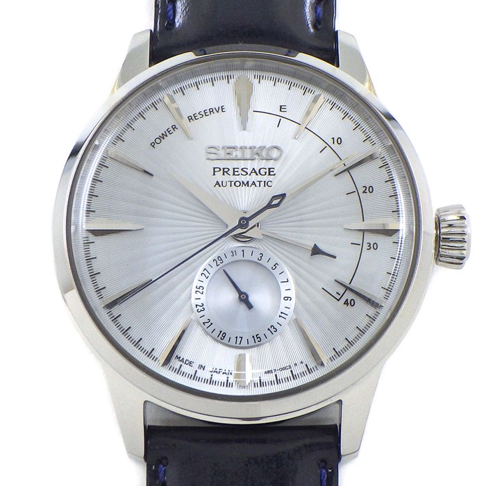 セイコー SEIKO 腕時計 プレサージュ ベーシックライン SARY131/4R57-00E0 カクテルタイム スカイダイビング デイト 裏スケ パワーリザーブ表示 ギョーシェ アイスブルー文字盤 SS ブラック レザーベルト 自動巻き 【中古】