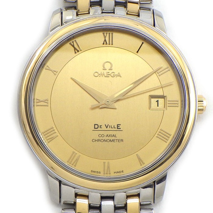 オメガ OMEGA 腕時計 デ・ヴィル プレステージ コーアクシャル 4374.11.00 ゴールド文字盤 ローマンインデックス カレンダー K18YG SS 自動巻き 【中古】