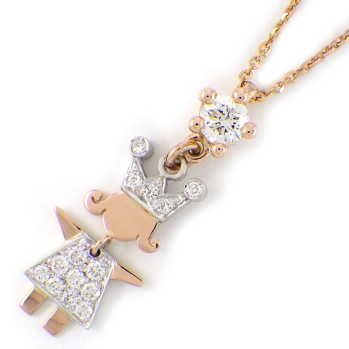 【ダイヤモンド 】 ネックレス キング クイーンモチーフ 1ポイント ダイヤモンド 0.309ct(F/SI2/VG) ダイヤモンド 計0.19ct K18WG K18PG 【中古】