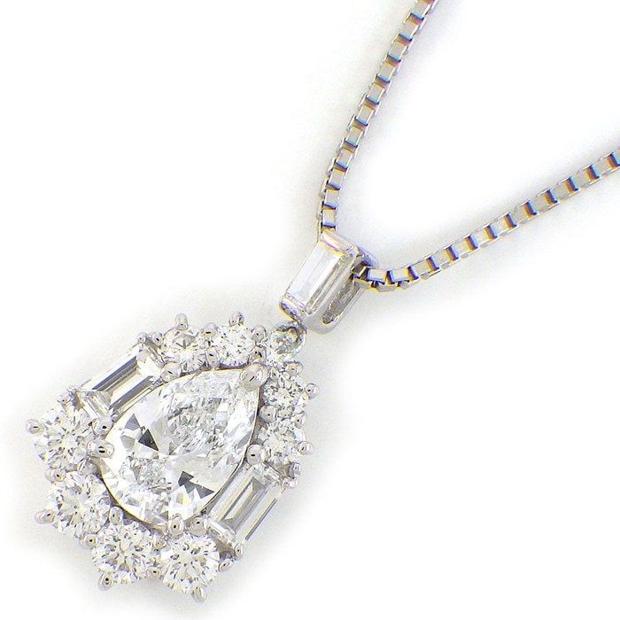 【ペアシェイプダイヤモンド 】 ネックレス ドロップモチーフ ペアシェイプ ダイヤモンド 0.885ct(E/SI1) ダイヤモンド 計0.92ct PT900 PT850 【中古】