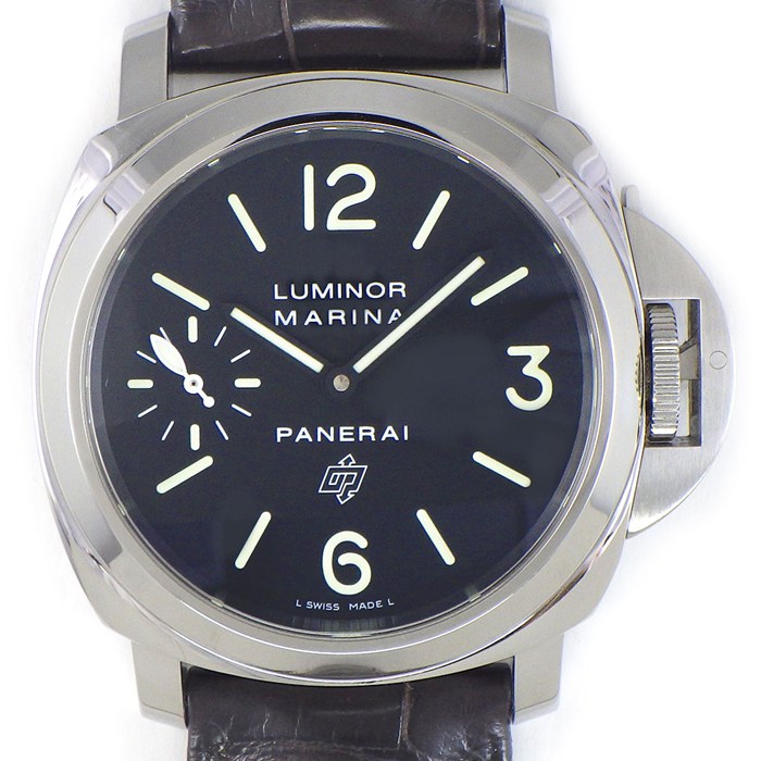 パネライ PANERAI 腕時計 ルミノールマリーナ ロゴ PAM01005 ブラック文字盤 夜光針/インデックス スモールセコンド アリゲーターレザーベルト SS 手巻き 【中古】