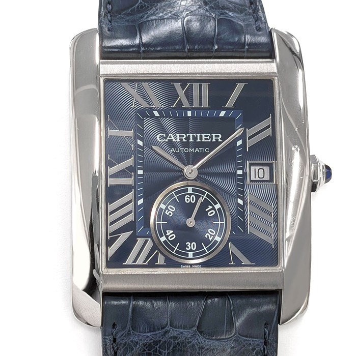 カルティエ Cartier 腕時計 タンク MC WSTA0010 デイト スモールセコンド 裏スケ レクタンギュラー ギョーシェ ブルー文字盤 SS ブルー アリゲーターレザーベルト 自動巻き 【中古】