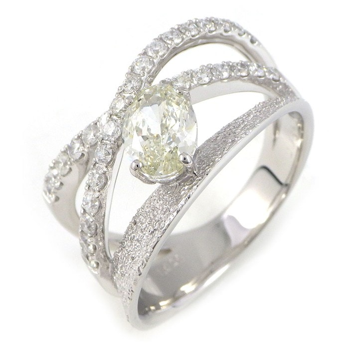 【オーバルダイヤモンド 】 リング クロス オーバル ダイヤモンド 1.02ct(L/SI2) ハーフサークル ダイヤモンド 計0.54ct PT900 15.5号 【中古】