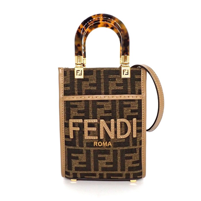 フェンディ FENDI ショルダーバッグ サンシャイン ショッパー ミニトート 8BS051 ブラウン FF ジャガード ファブリック レザー 【中古】
