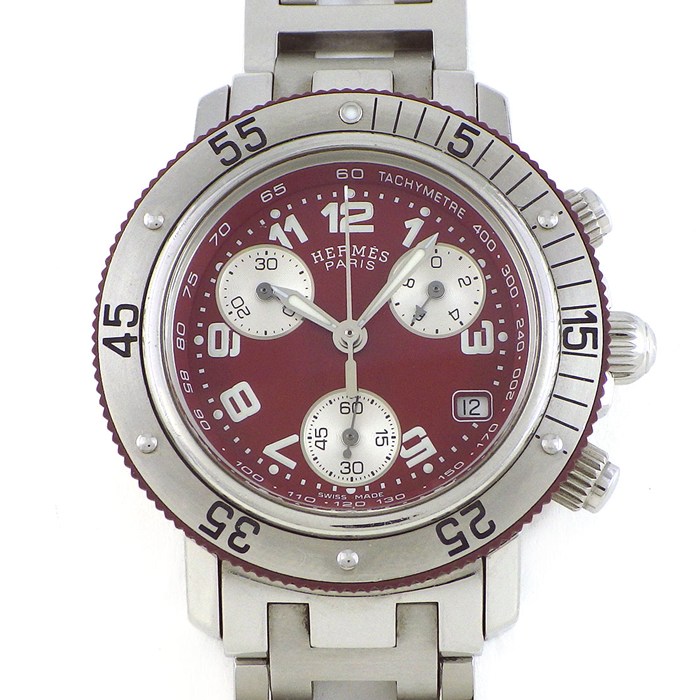 エルメス HERMES 腕時計 クリッパー ダイバー クロノ CL2.318 デイト クロノグラフ タキメーター スモールセコンド 回転ベゼル 夜光インデックス 夜光針 ボルドー文字盤 SS クオーツアナログ 【中古】