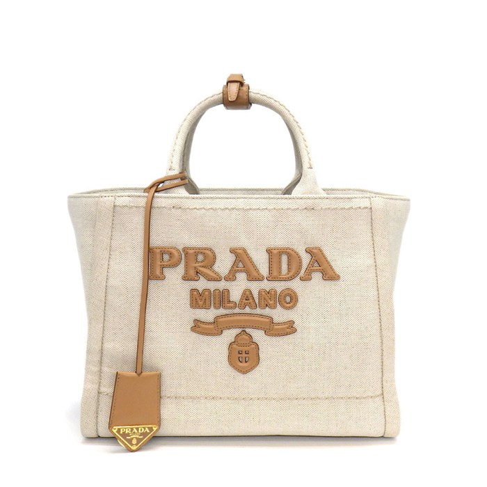 プラダ PRADA トートバッグ リネンブレンド スモール 1BG474 2DLI F0018 ナチュラル リネン カーフレザー ゴールド金具 【中古】