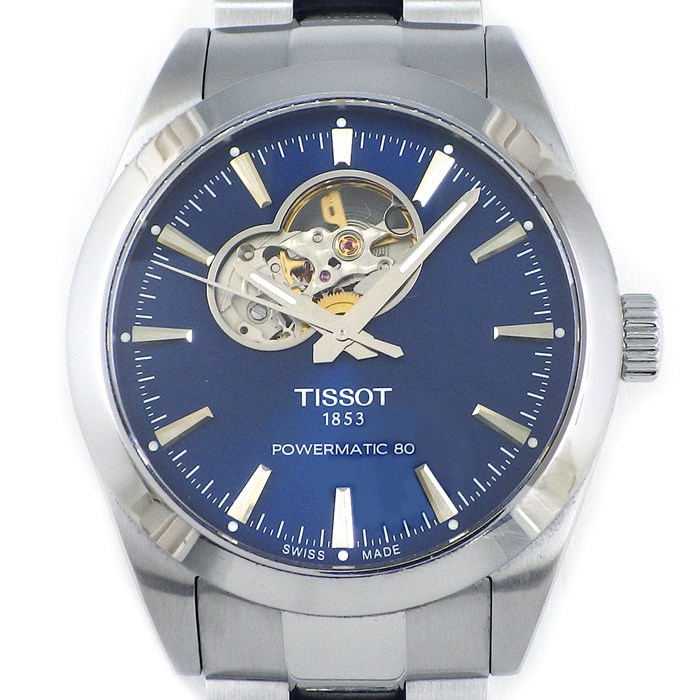ティソ TISSOT 腕時計 ジェントルマン パワーマティック80 オープンハート T127.407.11.041.02 ブルー文字盤 夜光インデックス 裏スケ 夜光針 SS 自動巻き 【中古】