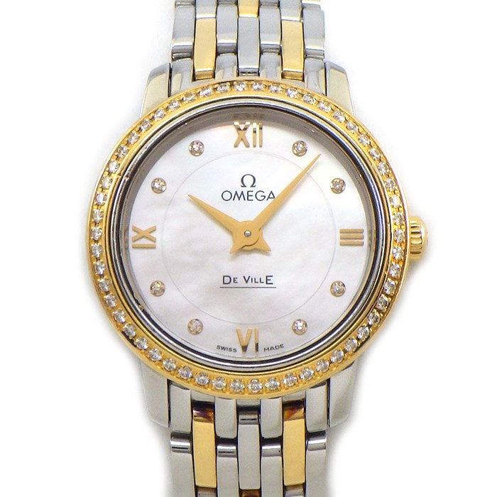 オメガ OMEGA 腕時計 デ・ヴィル プレステージ 424.25.24.60.55.001 ダイヤベゼル/インデックス ホワイトシェル文字盤 ローマンインデックス K18YG SS クオーツアナログ 【中古】