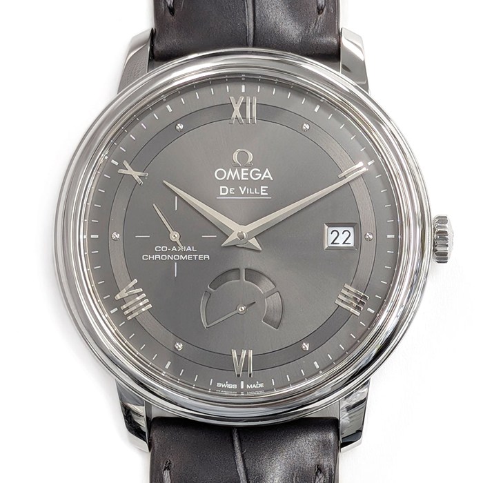 オメガ OMEGA 腕時計 デ・ヴィル プレステージ 424.13.40.21.06.001 コーアクシャル クロノメーター デイト スモールセコンド パワーリザーブ表示 サンレイ グレー文字盤 SS グレー アリゲーターレザーベルト 自動巻き