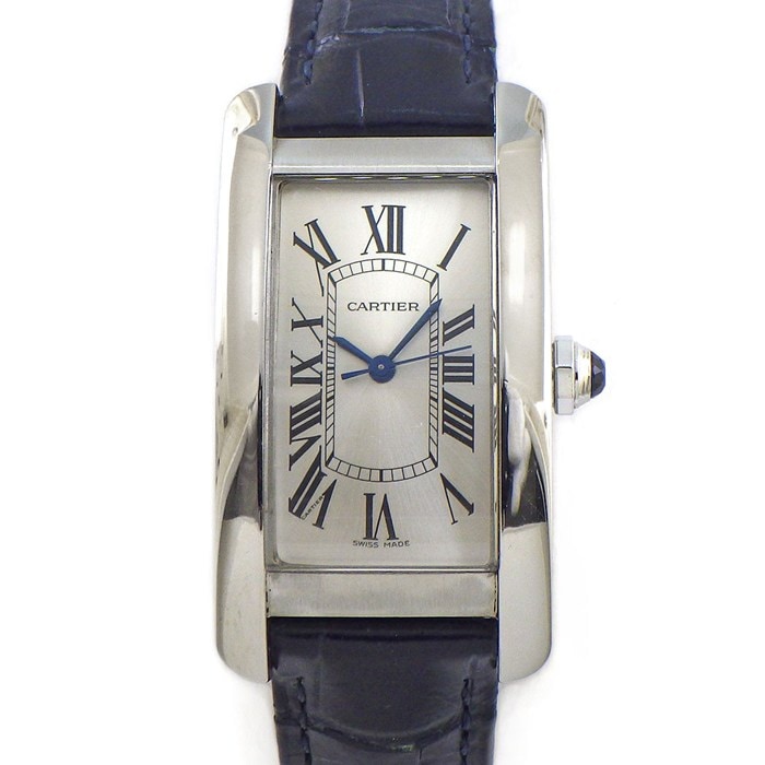 カルティエ Cartier 腕時計 タンク アメリカン MM WSTA0017 レクタンギュラー サンレイ シルバー文字盤 SS ネイビーブルー アリゲーターレザーベルト 自動巻き 【中古】