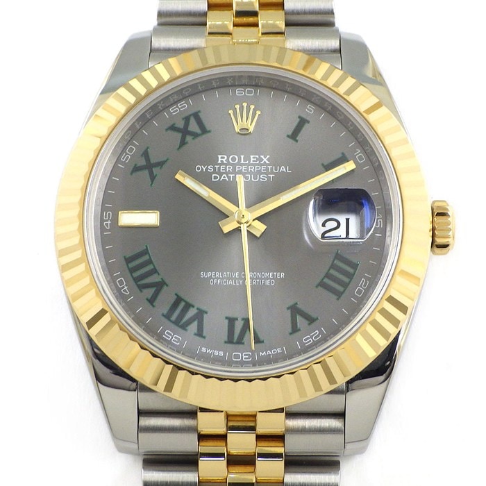 ロレックス Rolex 腕時計 デイトジャスト 41 126333 ルーレット刻印 ランダムシリアル グリーンインデックス サンレイ グレー スレート文字盤 K18YG SS 自動巻き 【箱・保付き】 【中古】