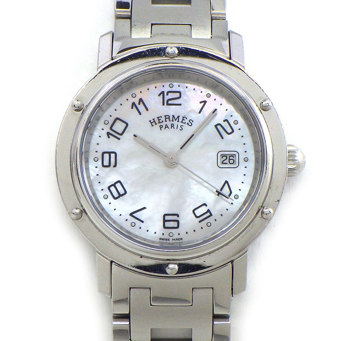 エルメス HERMES 腕時計 クリッパー CL6.410 ホワイトシェル文字盤 デイト 夜光針/インデックス SS クオーツアナログ 【箱・保付き】 【中古】