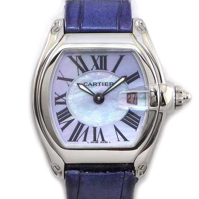 カルティエ Cartier 腕時計 ロードスター SM W6206007 2008年X'mas限定 トノー ブルーシェル文字盤 ローマンインデックス デイト 夜光針 アリゲーターレザーベルト SS クオーツアナログ 【中古】