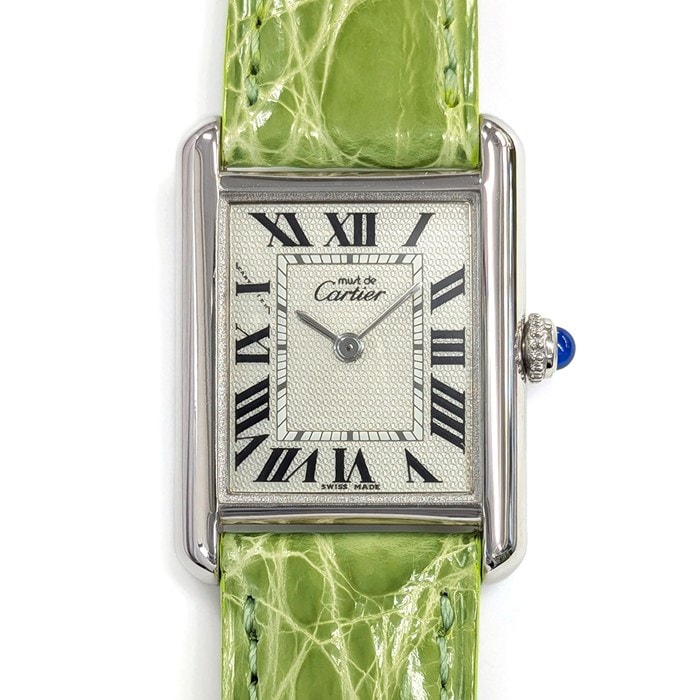 カルティエ Cartier 腕時計 マスト タンク SM W1016130 2000年 クリスマス限定 レクタンギュラー ギョーシェ シルバー文字盤 SV925 ライトグリーン アリゲーターレザーベルト クオーツアナログ 【中古】