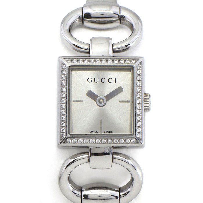 グッチ GUCCI 腕時計 トルナヴォーニ 120/YA120506 ホースビット ダイヤベゼル スクエア サンレイ シルバー文字盤 SS クオーツアナログ 【中古】