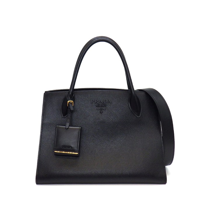 プラダ PRADA ハンドバッグ モノクローム ミディアム 1BA155 ブラック サフィアーキュイールノレザー ゴールド金具 【中古】