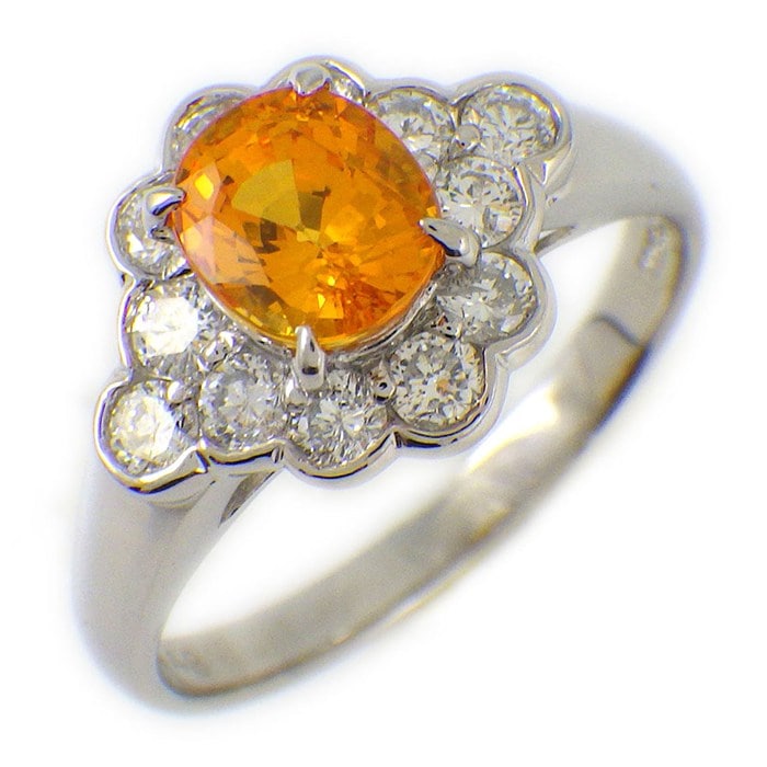 【ゴールデンサファイア ダイヤモンド】 リング オーバル ゴールデン サファイア 1.24ct ダイヤモンド 計0.48ct PT900 13号 【中古】