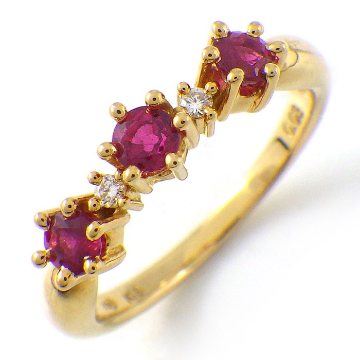 タサキ 田崎真珠 TASAKI リング 3ポイント ルビー 2ポイント ダイヤモンド 0.03ct K18YG 10号 【中古】