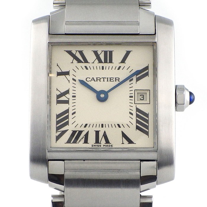 カルティエ Cartier 腕時計 タンク フランセーズ MM W51011Q3 スクエア アイボリー文字盤 ローマンインデックス デイト SS クオーツアナログ 【箱・保付き】 【中古】