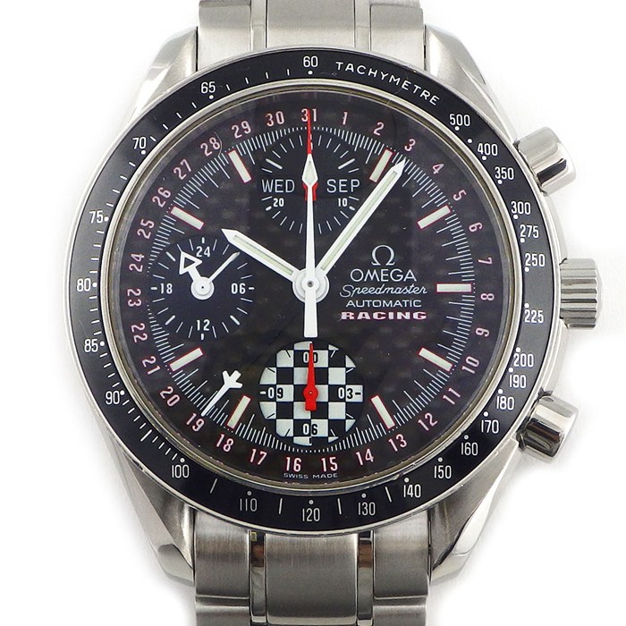 オメガ OMEGA 腕時計 スピードマスター レーシング 3529.50.00 ミハエル・シューマッハ 2002 5555本限定モデル クロノグラフ タキメーター デイデイト ブラウン 文字盤 SS 自動巻き 【中古】