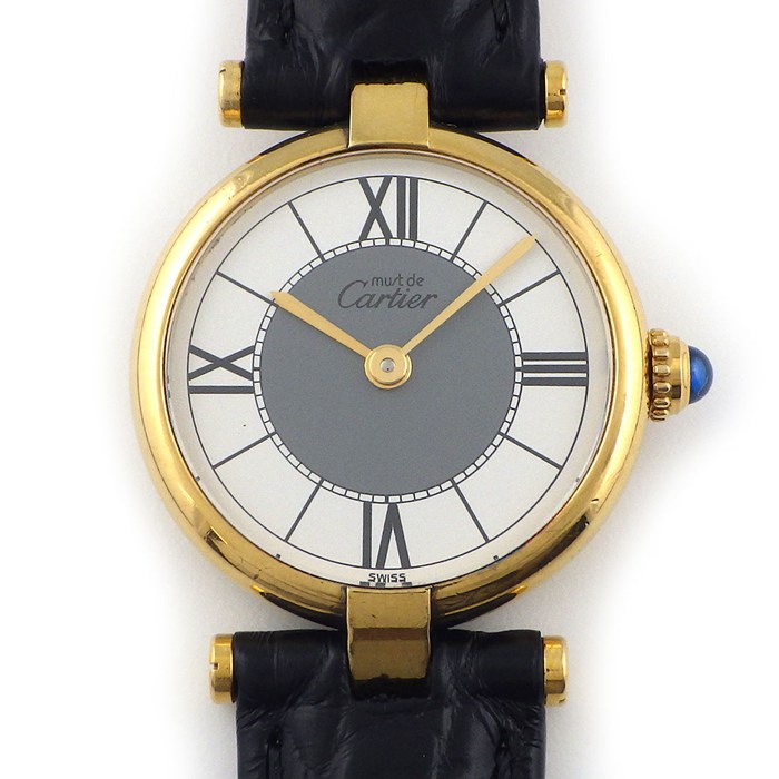 カルティエ Cartier 腕時計 マスト ヴァンドーム SM 590004 グレー/ホワイト文字盤 ローマンインデックス カーフレザーベルト GP SV925 クオーツアナログ 【中古】