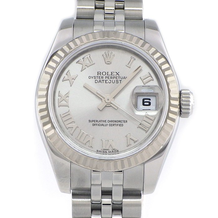 ロレックス Rolex 腕時計 デイトジャスト 179174 ルーレット刻印 シルバー文字盤 ローマンインデックス デイト K18WG SS 自動巻き 【箱・保付き】 【中古】