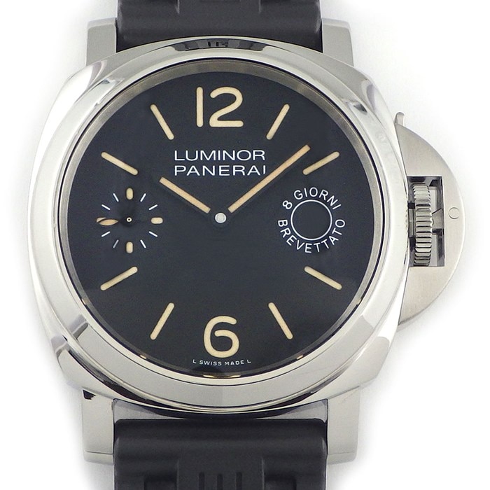 パネライ PANERAI 腕時計 ルミノールマリーナ 8デイズ アッチャイオ PAM00590 ブラック文字盤 夜光針/インデックス スモールセコンド ラバーベルト SS 手巻き 【中古】