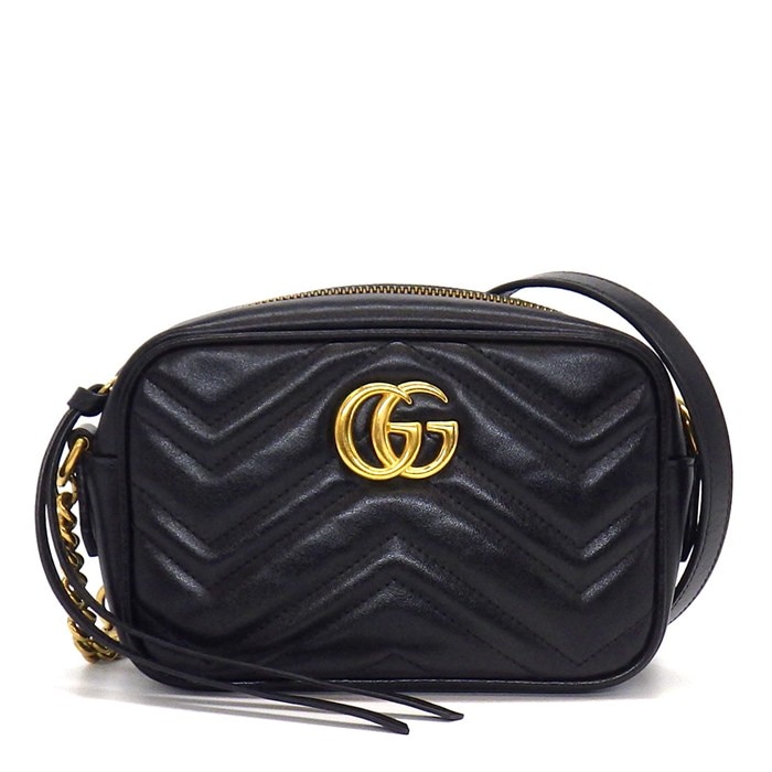 グッチ GUCCI ショルダーバッグ GGマーモント ミニ カメラバック 448065 ブラック シェブロンキルティングレザー ゴールド金具 【中古】