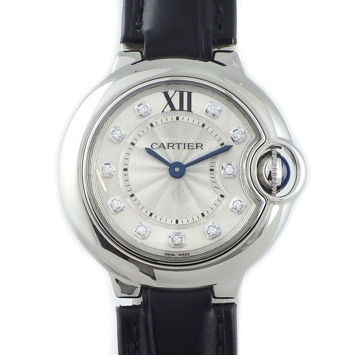 カルティエ Cartier 腕時計 バロンブルー W4BB0008 シルバーギョーシェ文字盤 11ポイントダイヤインデックス クロコダイルレザーベルト SS クオーツアナログ 【中古】
