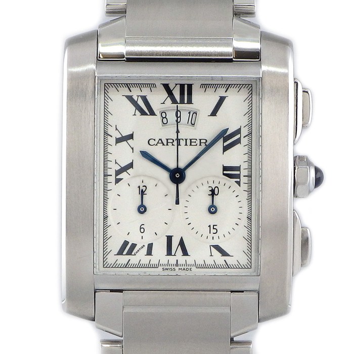 カルティエ Cartier 腕時計 タンクフランセーズ クロノリフレックス W51024Q3 レクタンギュラー ホワイト文字盤 ローマンインデックス デイト クロノグラフ スモールセコンド SS クオーツアナログ 【中古】