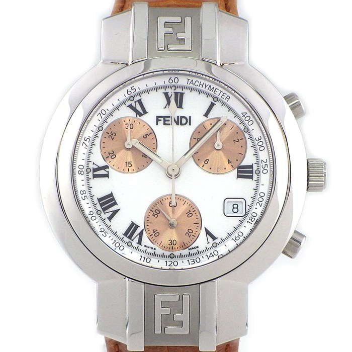 フェンディ FENDI 腕時計 オロロジ 4500G ホワイト文字盤 デイト クロノグラフ タキメーター スモールセコンド レザーベルト SS クオーツアナログ 【箱・保付き】 【中古】