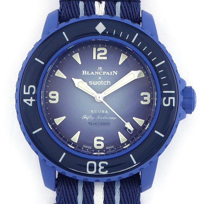 ブランパン × スウォッチ Blancpain × Swatch 腕時計 フィフティファゾムス アトランティックオーシャン SO35A100 ブルー文字盤 バイオセラミック ナイロンベルト 自動巻き 【箱・保付き】 【中古】