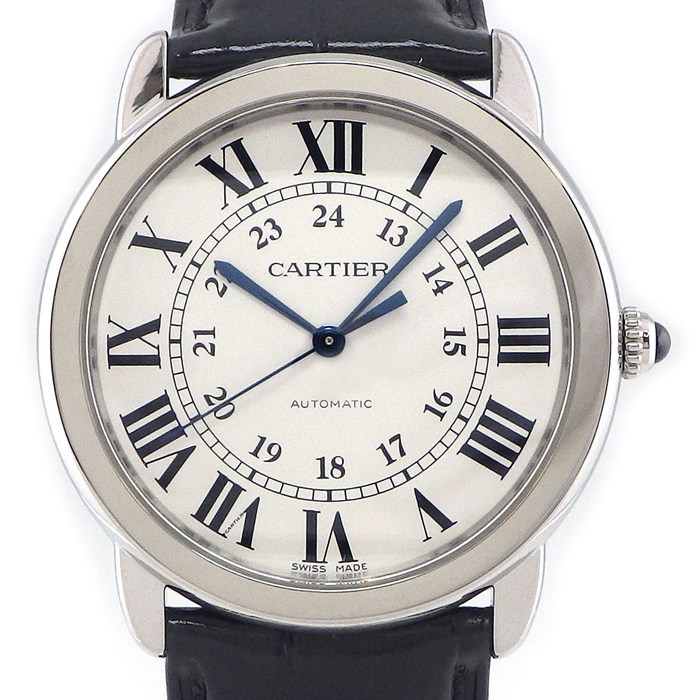 カルティエ Cartier 腕時計 ロンドソロ WSRN0021 シルバー文字盤 ローマンインデックス ブラック クロコダイルレザーベルト SS 自動巻き 【中古】