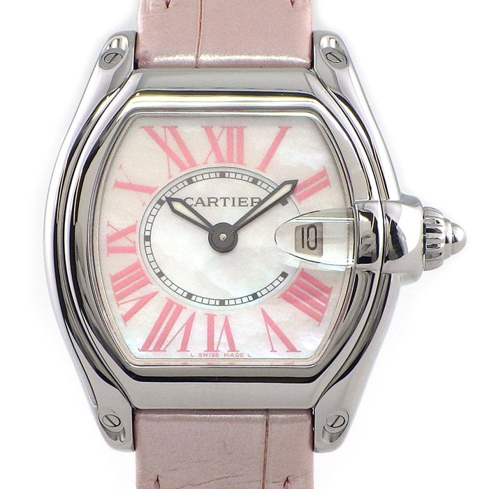 カルティエ Cartier 腕時計 ロードスター SM W6206006 2008年 クリスマス限定モデル ホワイトシェル文字盤 ピンク ローマンインデックス アリゲーターレザーベルト SS クオーツアナログ 【中古】