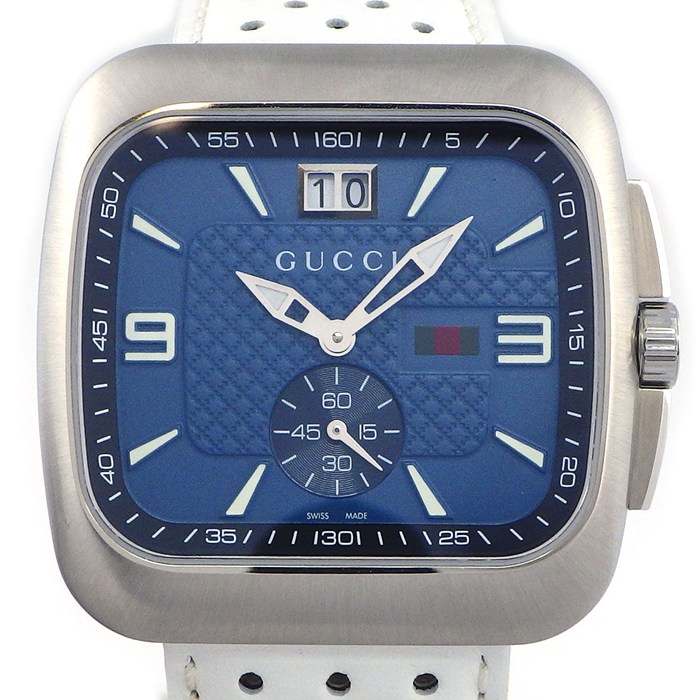 グッチ GUCCI 腕時計 クーペ YA131304/131.3 スクエア ブルー文字盤 デイト 夜光針/インデックス スモールセコンド レザーベルト SS クオーツアナログ 【箱・保付き】 【中古】