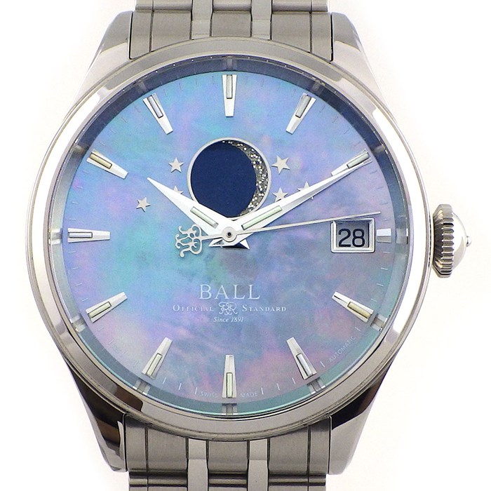 ボール ウォッチ BALL WATCH 腕時計 トレインマスター ムーンフェイズ34 NL3082D-SJ-BER ブルーシェル文字盤 デイト 裏スケ SS 自動巻き 【箱・保付き】 【中古】