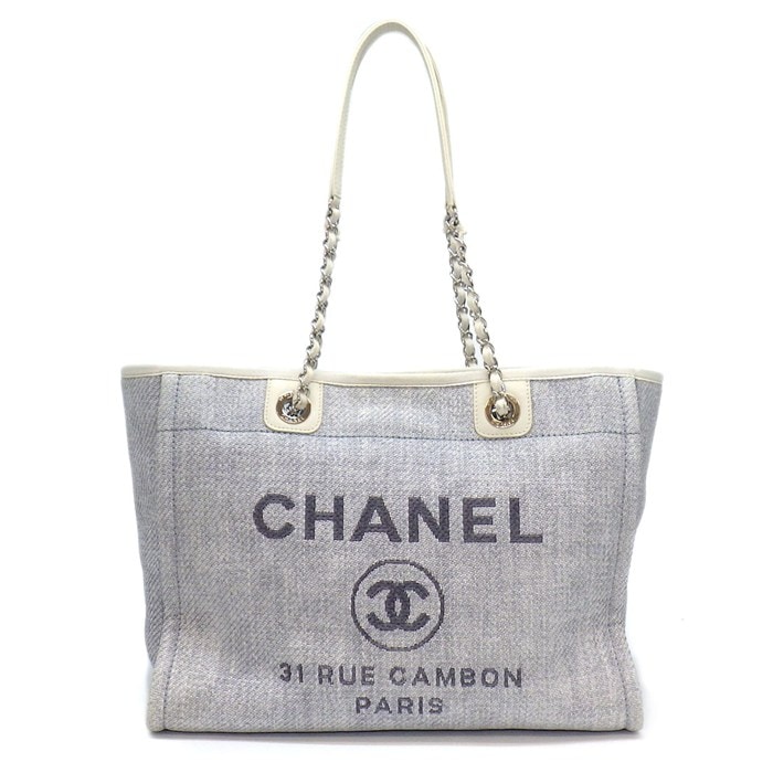 シャネル CHANEL ショルダーバッグ ドーヴィル MM チェーントート A67001 2014年 ブルー ホワイト ラフィア レザー シルバー金具 【中古】