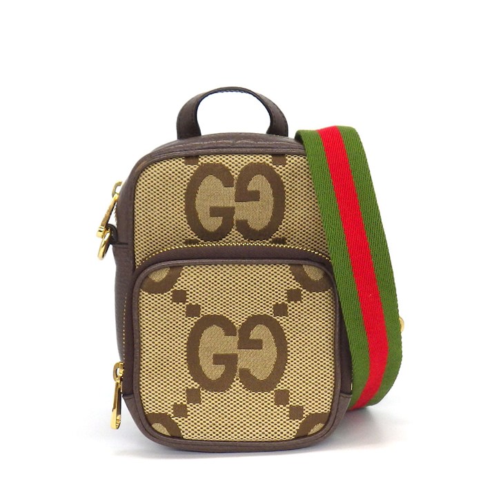 グッチ GUCCI ショルダーバッグ ポシェット ミニショルダー 696072 キャメル エボニー ジャンボGGキャンバス レザー ゴールド金具 【中古】