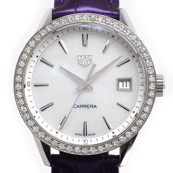 タグ・ホイヤー TAG Heuer 腕時計 カレラ WBK1316.FC8261 ダイヤベゼル ホワイトシェル文字盤 デイト アリゲーターレザーベルト SS クオーツアナログ 【箱・保付き】 【中古】